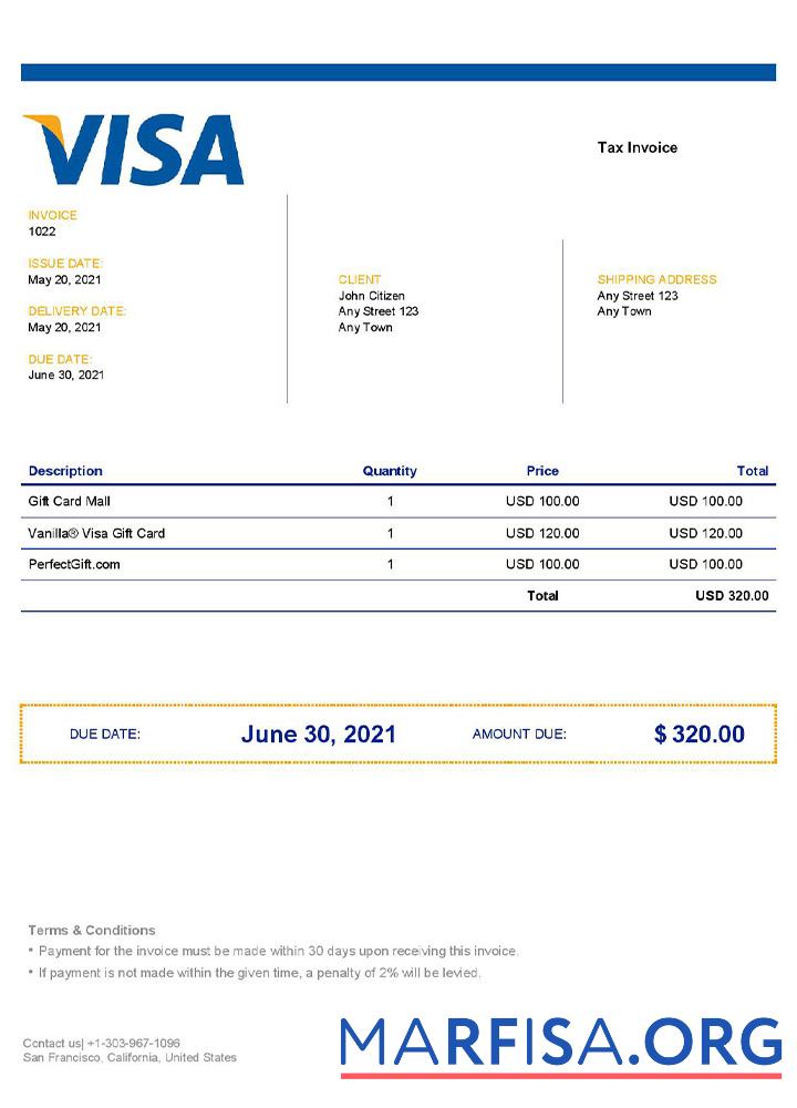 Realistic USA Visa invoice template